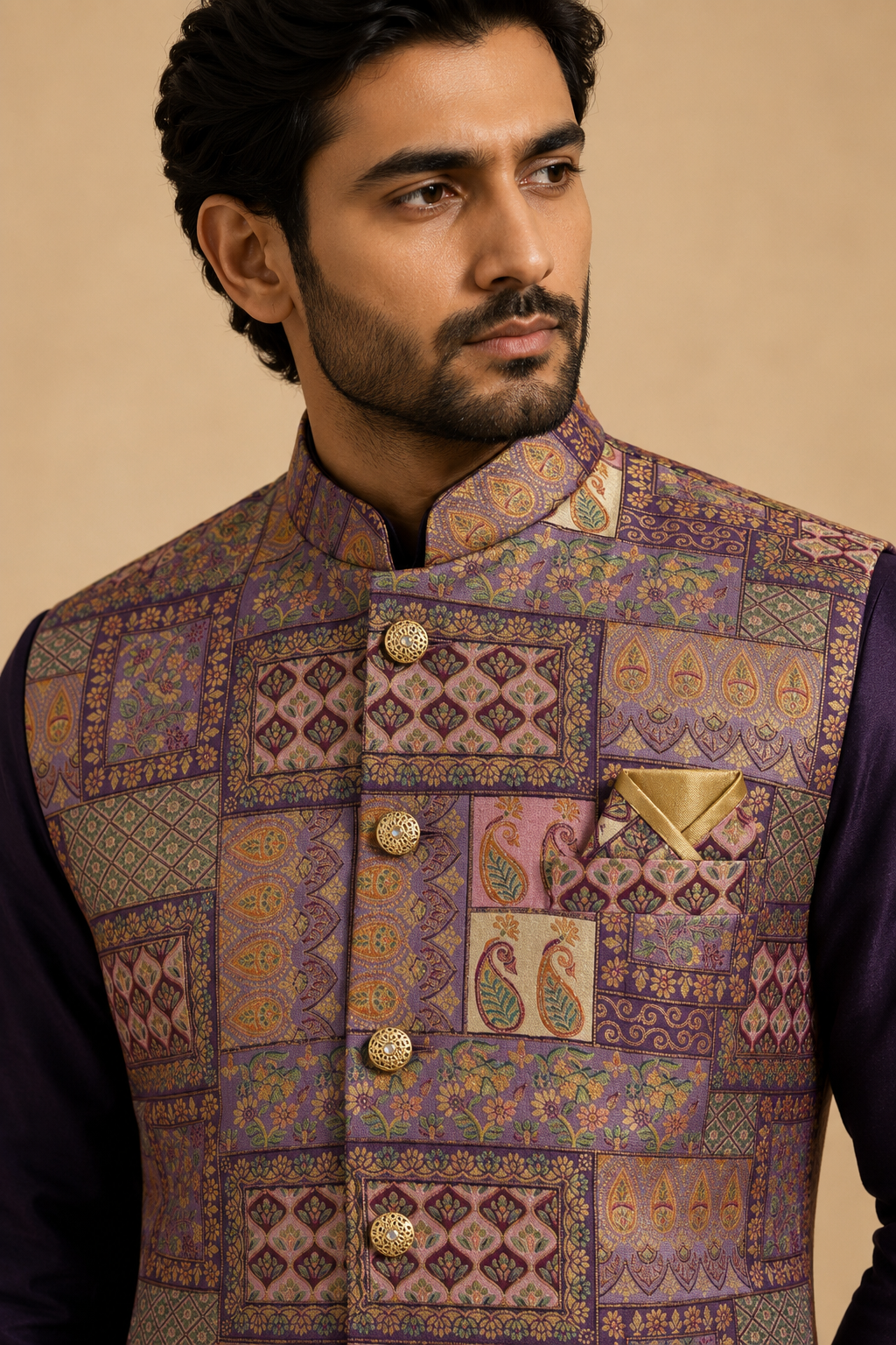 Purple Silk Kurta Set with Multicolor Jamewar Nehru Jacket for Men