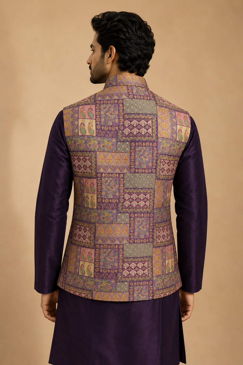 Purple Silk Kurta Set with Multicolor Jamewar Nehru Jacket for Men