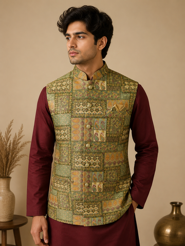 Maroon Silk Kurta Set with Premium Olive Green Jamewar Nehru Jacket for Men