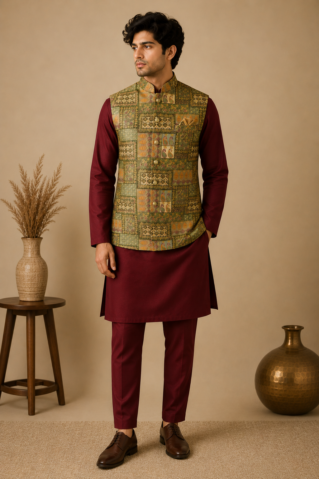 Maroon Silk Kurta Set with Premium Olive Green Jamewar Nehru Jacket for Men