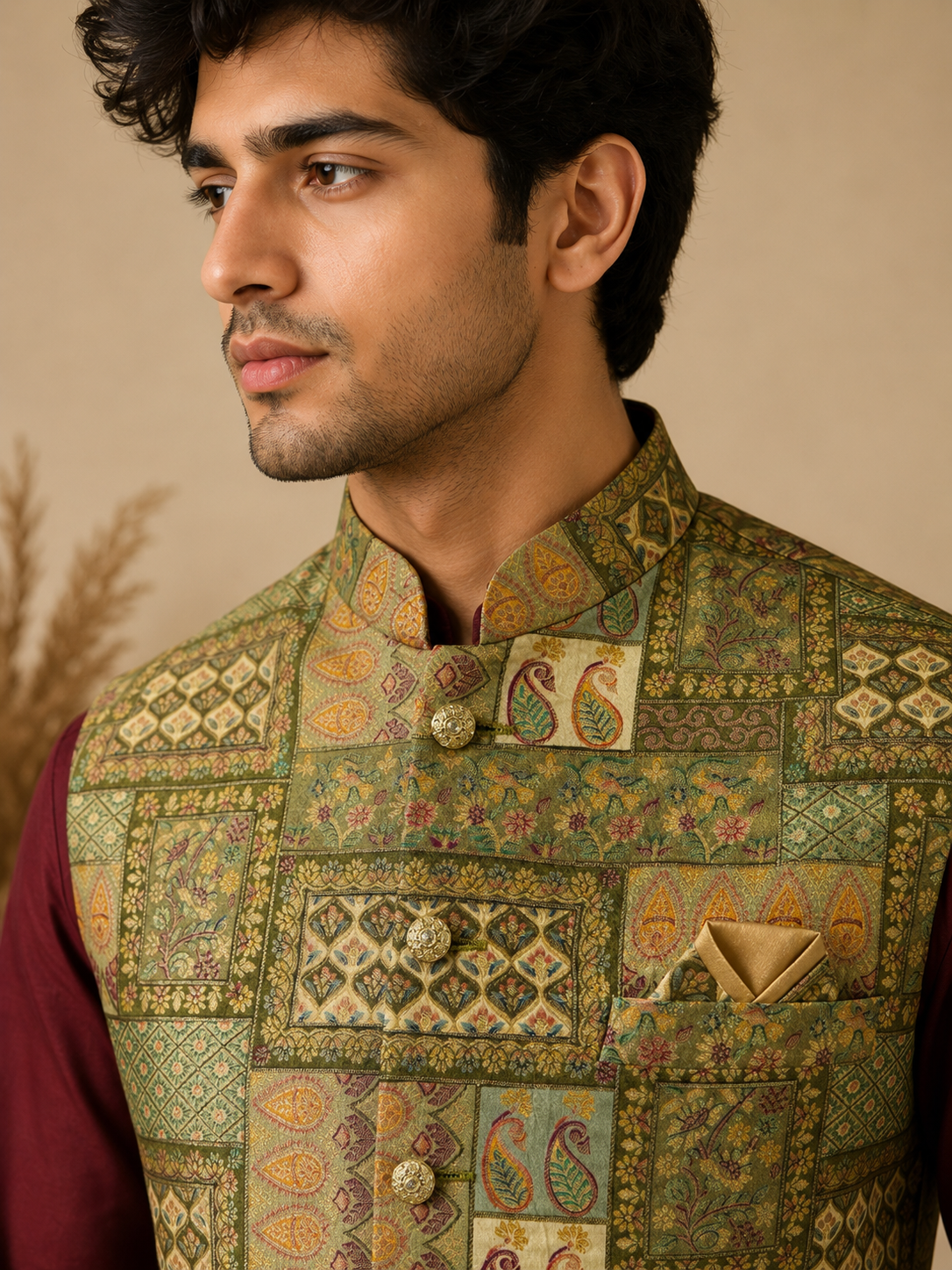 Maroon Silk Kurta Set with Premium Olive Green Jamewar Nehru Jacket for Men