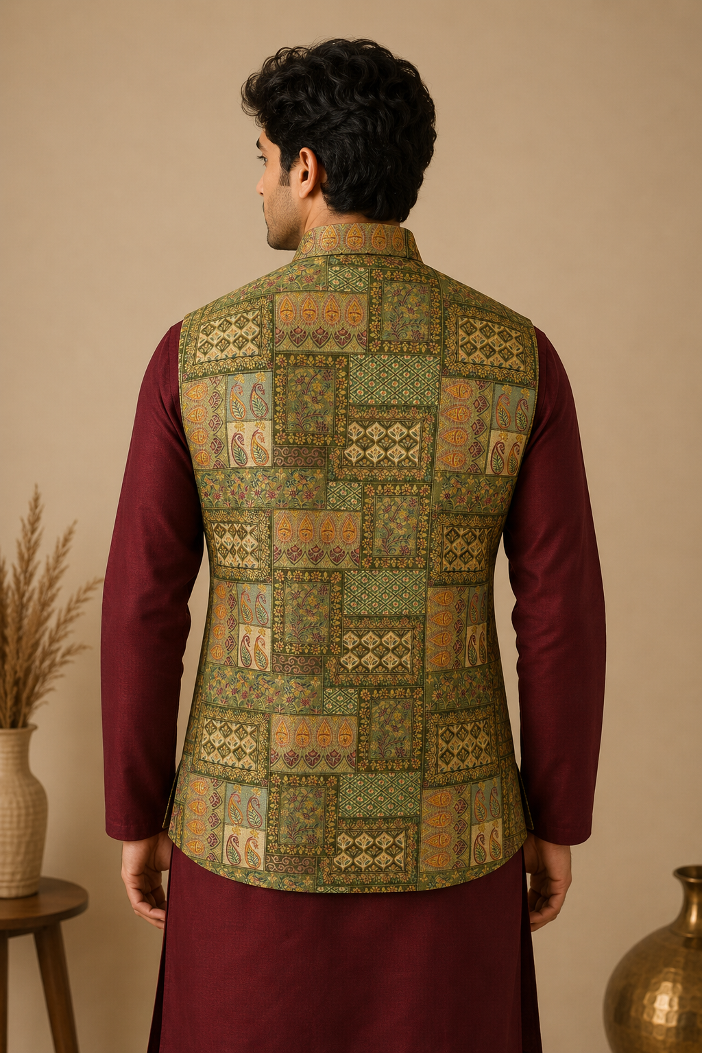 Maroon Silk Kurta Set with Premium Olive Green Jamewar Nehru Jacket for Men