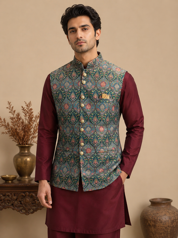 Maroon Silk Kurta Set with Teal Green Jamewar Nehru Jacket for Men
