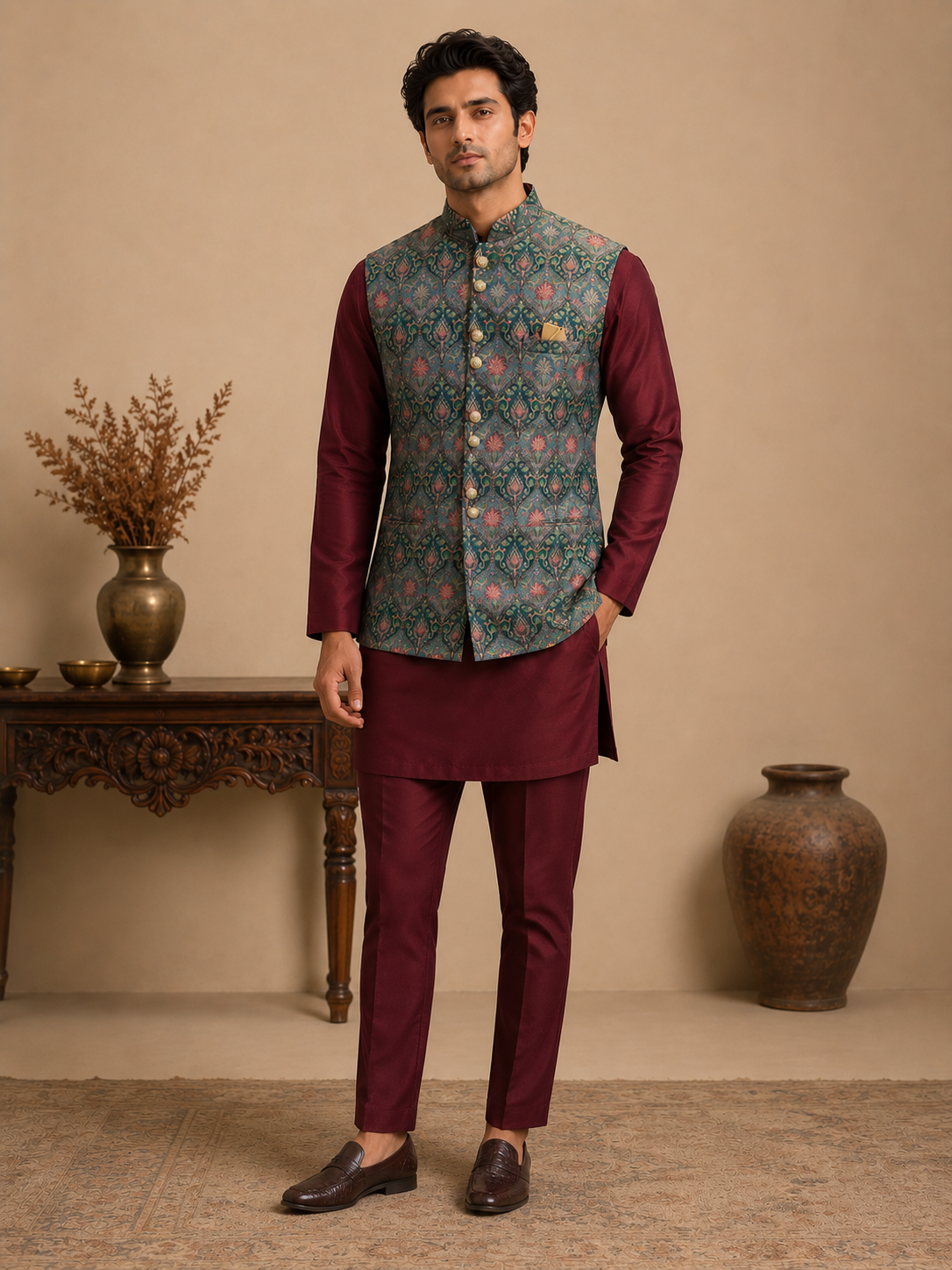Maroon Silk Kurta Set with Teal Green Jamewar Nehru Jacket for Men