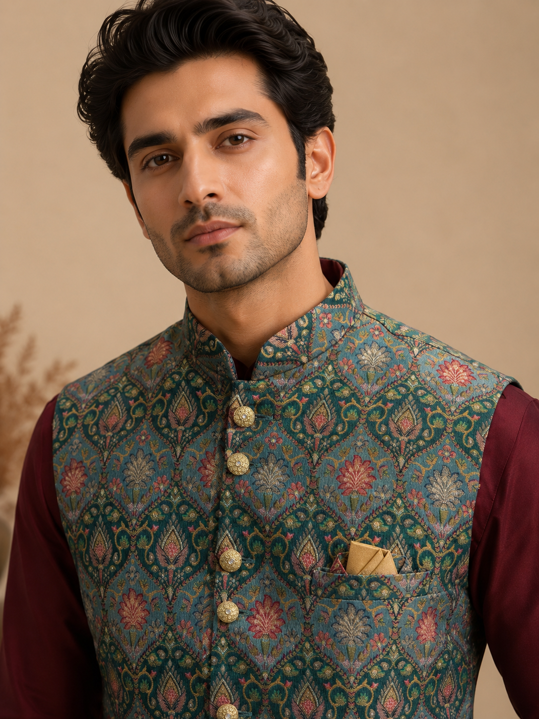 Maroon Silk Kurta Set with Teal Green Jamewar Nehru Jacket for Men