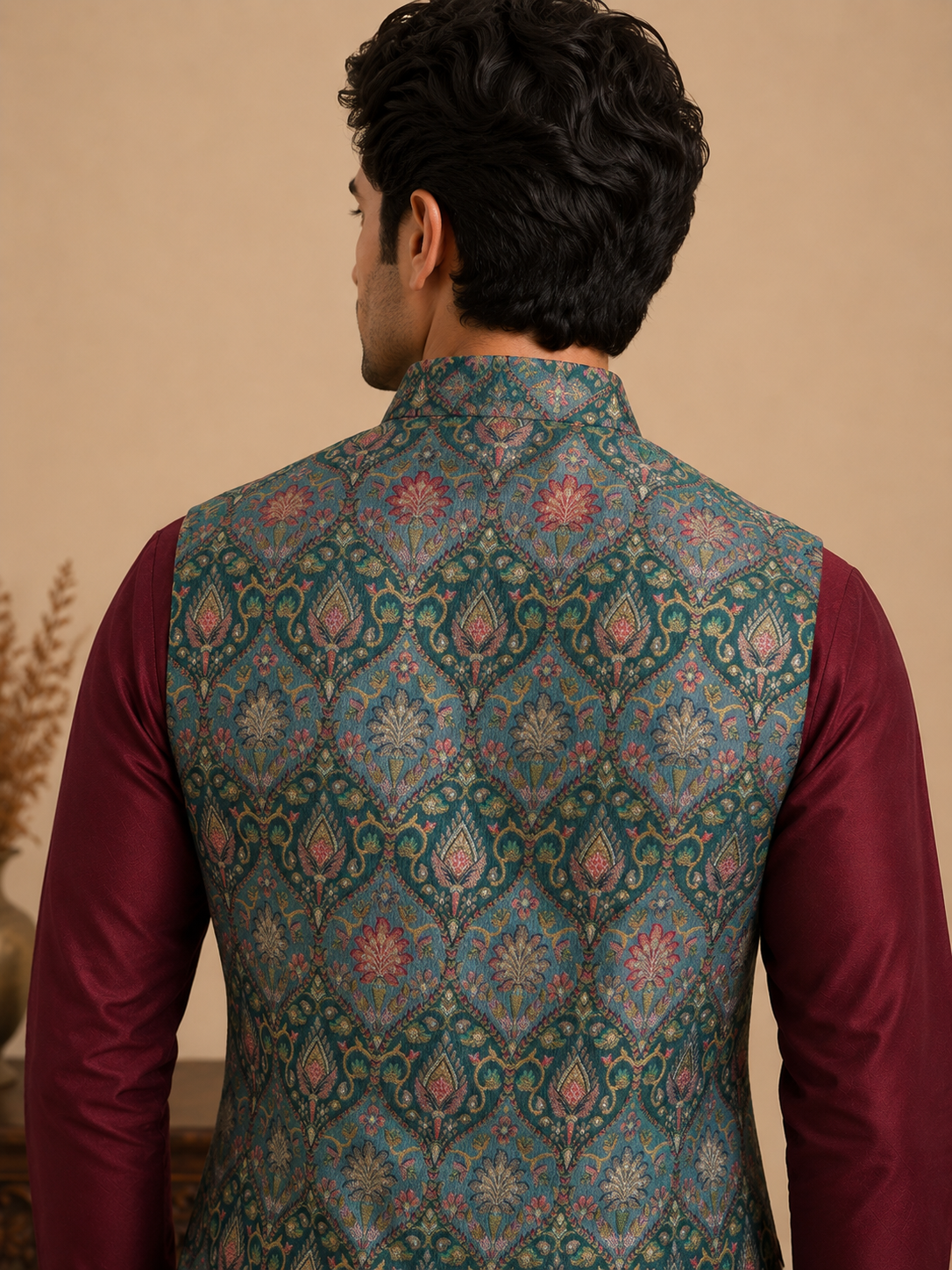 Maroon Silk Kurta Set with Teal Green Jamewar Nehru Jacket for Men