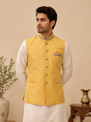 Mustard Yellow Silk Nehru Jacket Set with Zari Work & Designer Lace