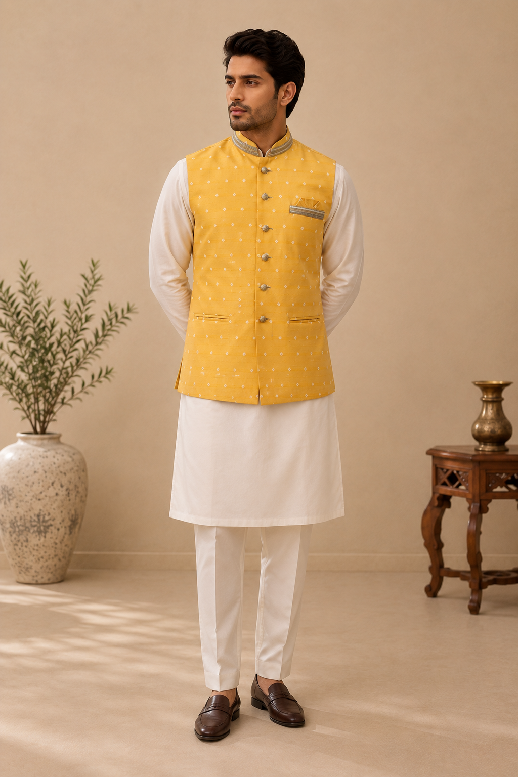 Mustard Yellow Silk Nehru Jacket Set with Zari Work & Designer Lace