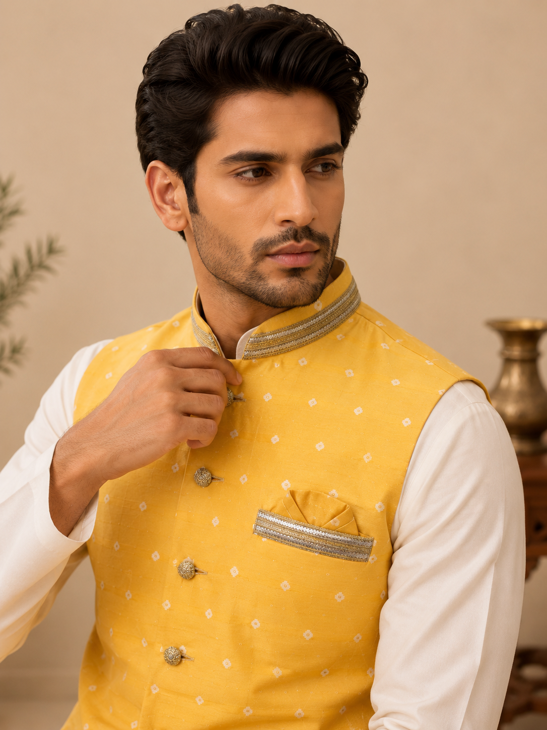 Mustard Yellow Silk Nehru Jacket Set with Zari Work & Designer Lace