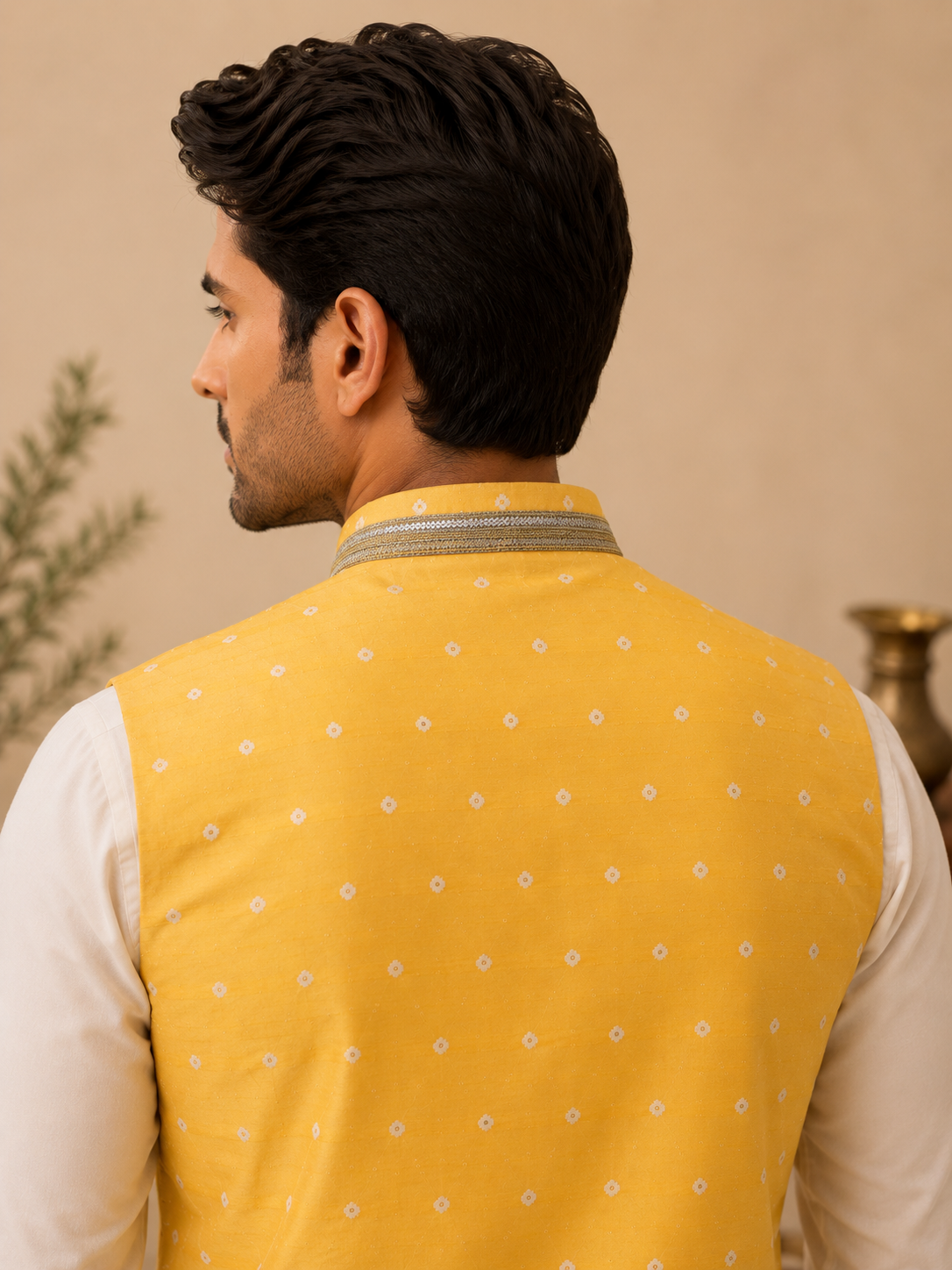 Mustard Yellow Silk Nehru Jacket Set with Zari Work & Designer Lace
