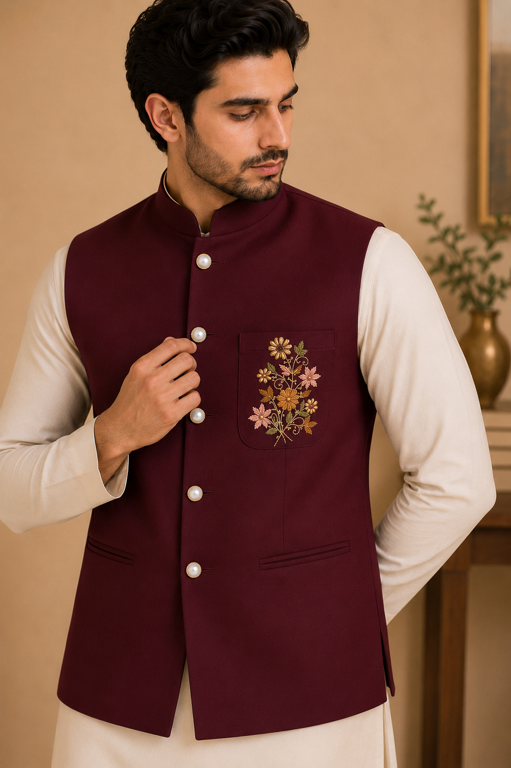 Men’s Designer Silk Kurta Jacket Set with Floral Hand Embroidery & Polo Pant