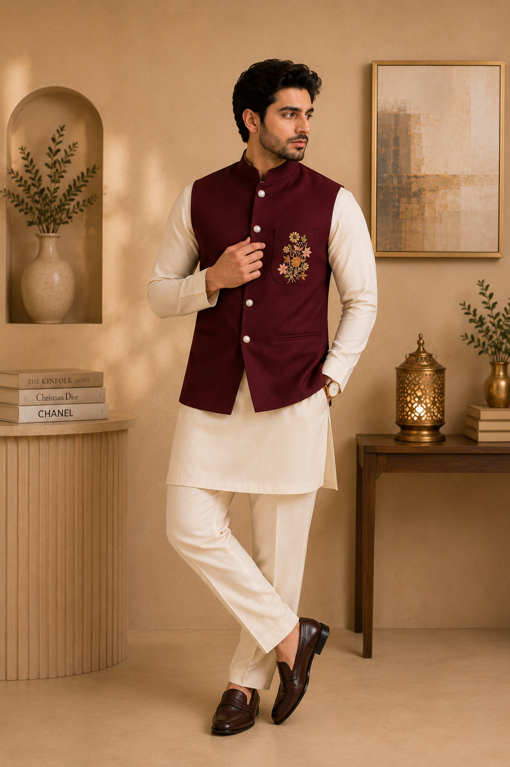 Men’s Designer Silk Kurta Jacket Set with Floral Hand Embroidery & Polo Pant