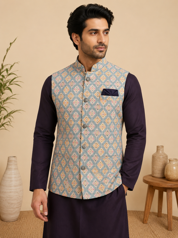 Blue-Base Designer Print Nehru Jacket Kurta Set for Men