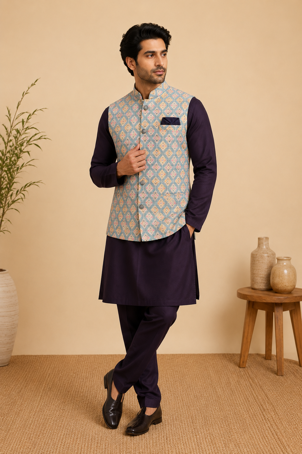Blue-Base Designer Print Nehru Jacket Kurta Set for Men