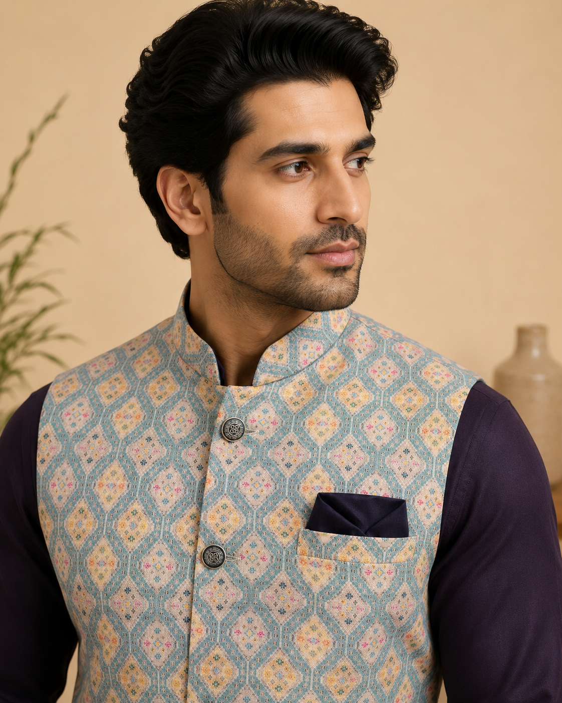 Blue-Base Designer Print Nehru Jacket Kurta Set for Men