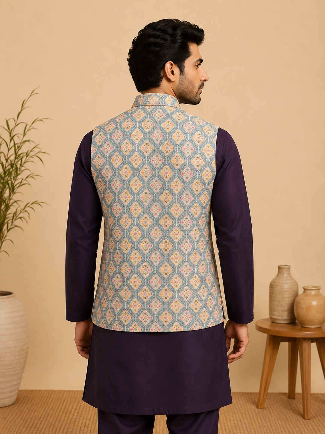 Blue-Base Designer Print Nehru Jacket Kurta Set for Men