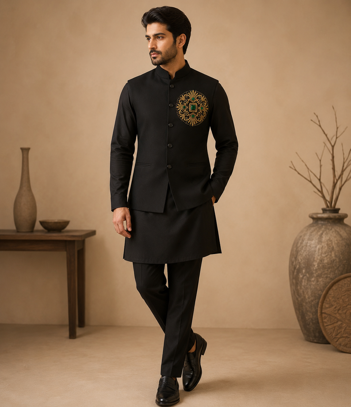 Black Silk Designer Handwork Jacket Set for Men