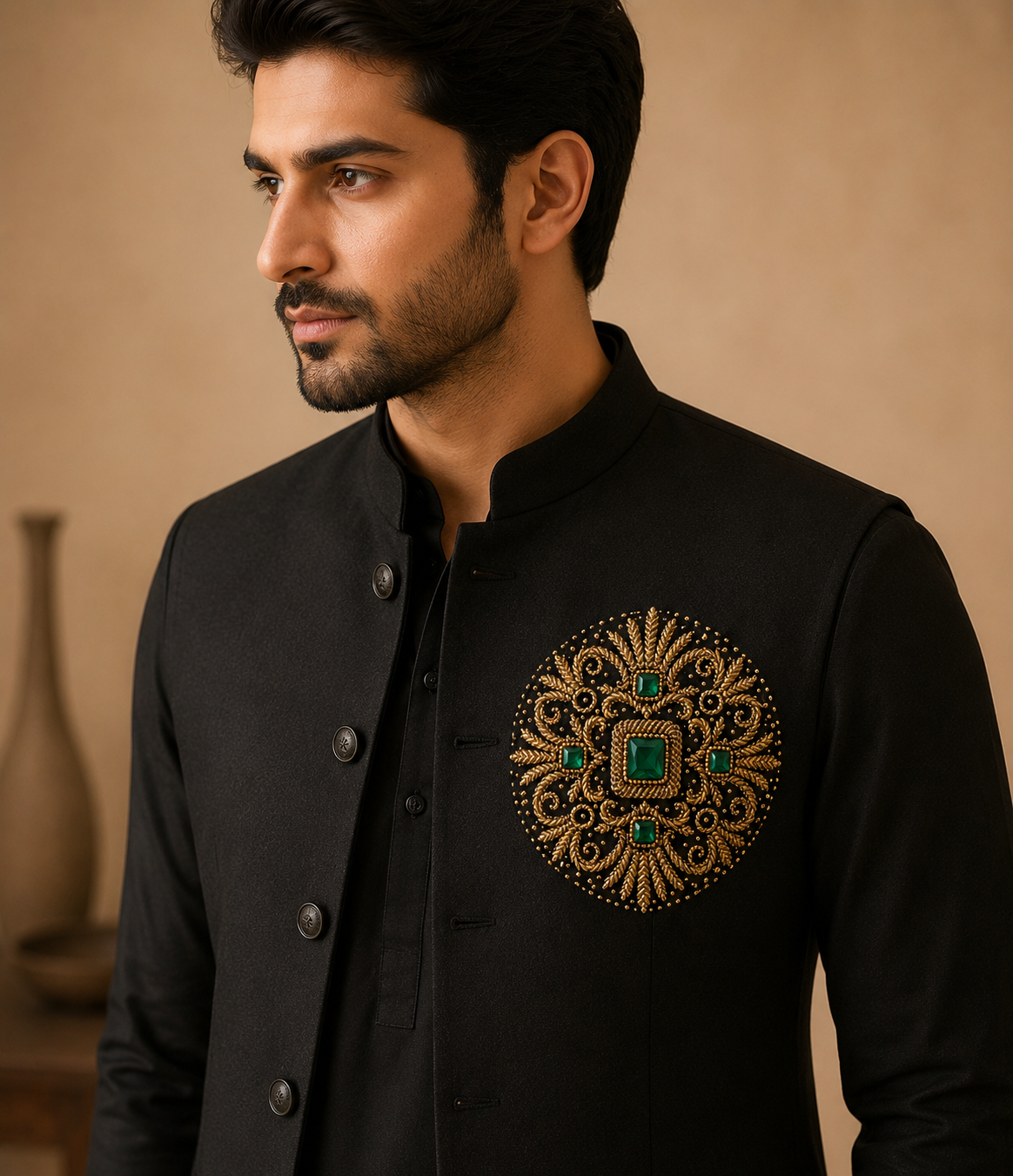 Black Silk Designer Handwork Jacket Set for Men