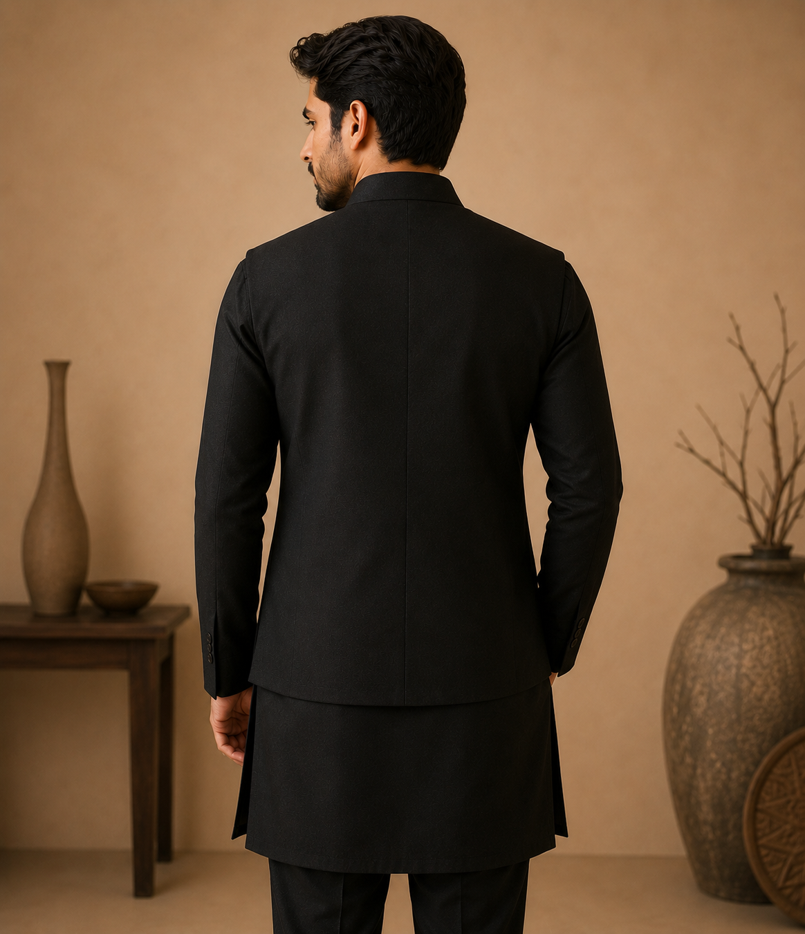 Black Silk Designer Handwork Jacket Set for Men