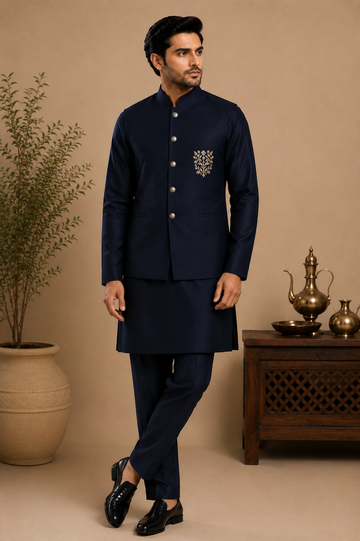 Navy Blue Silk Floral Hand Embroidered Kurta Jacket & Polo Set for Men