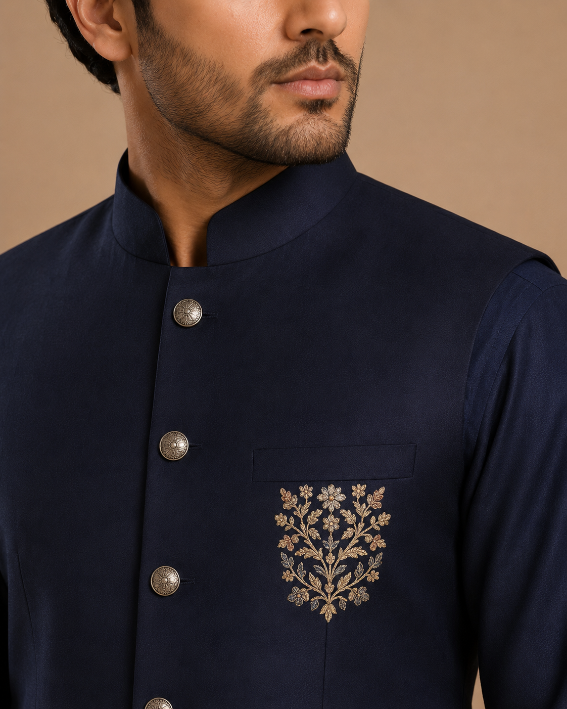 Navy Blue Silk Floral Hand Embroidered Kurta Jacket & Polo Set for Men