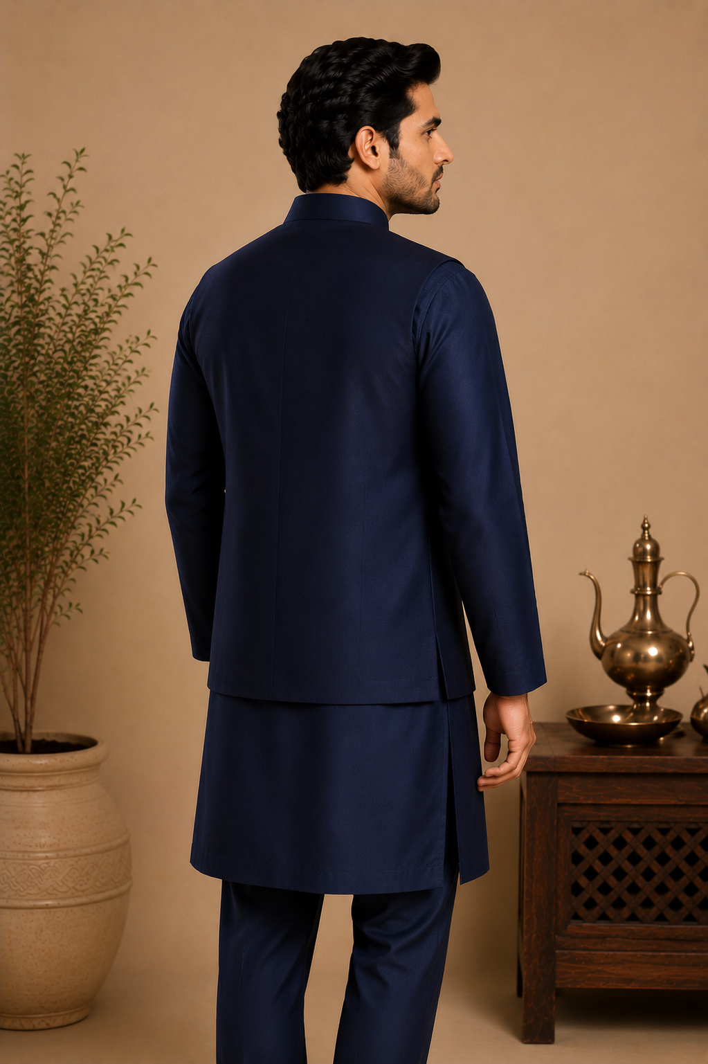 Navy Blue Silk Floral Hand Embroidered Kurta Jacket & Polo Set for Men