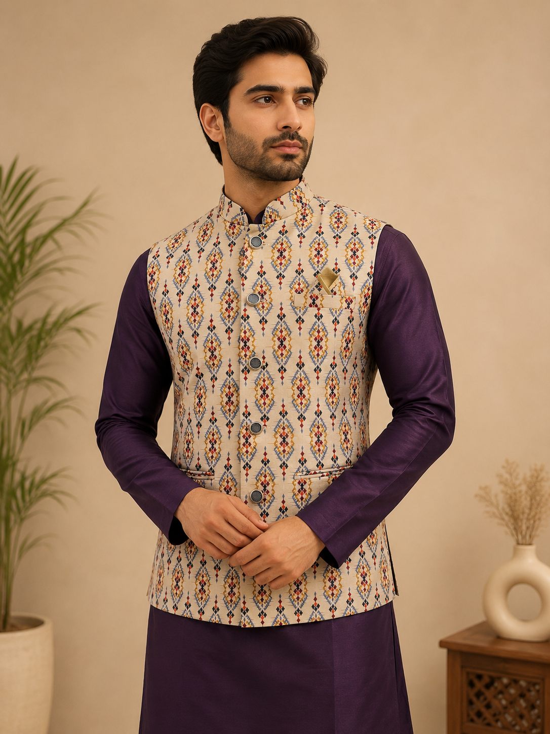 Purple Silk Self-Design Kurta Jacket & Polo Set for Men