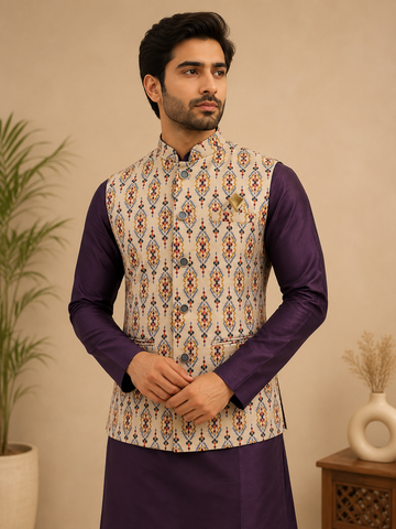 Purple Silk Self-Design Kurta Jacket & Polo Set for Men