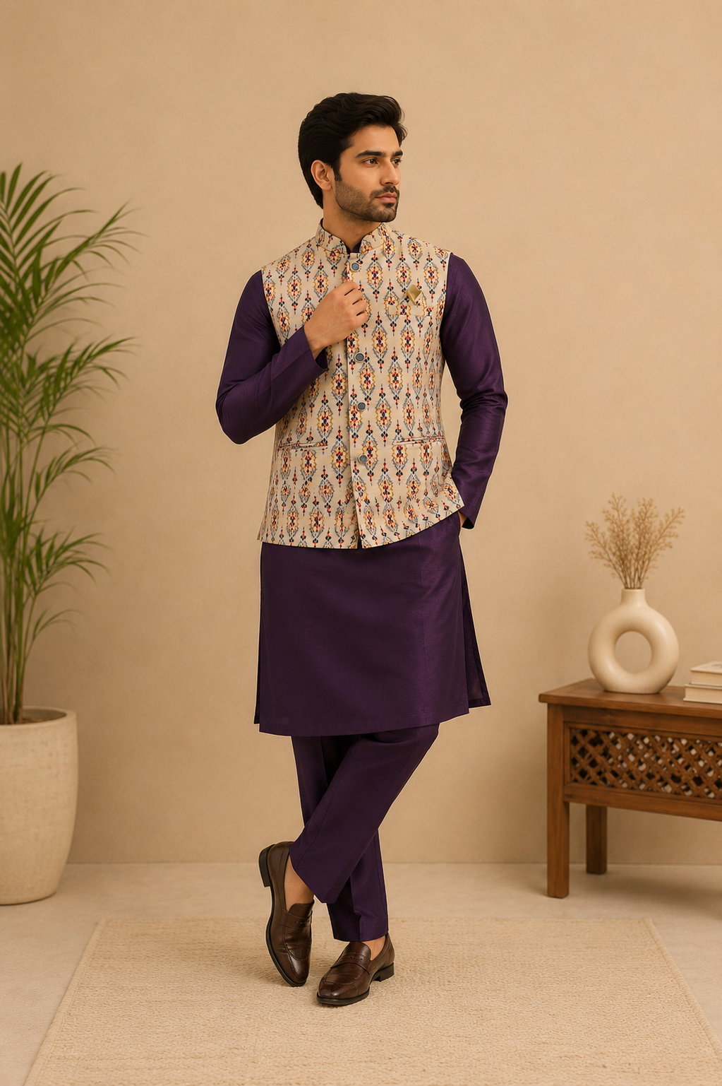 Purple Silk Self-Design Kurta Jacket & Polo Set for Men