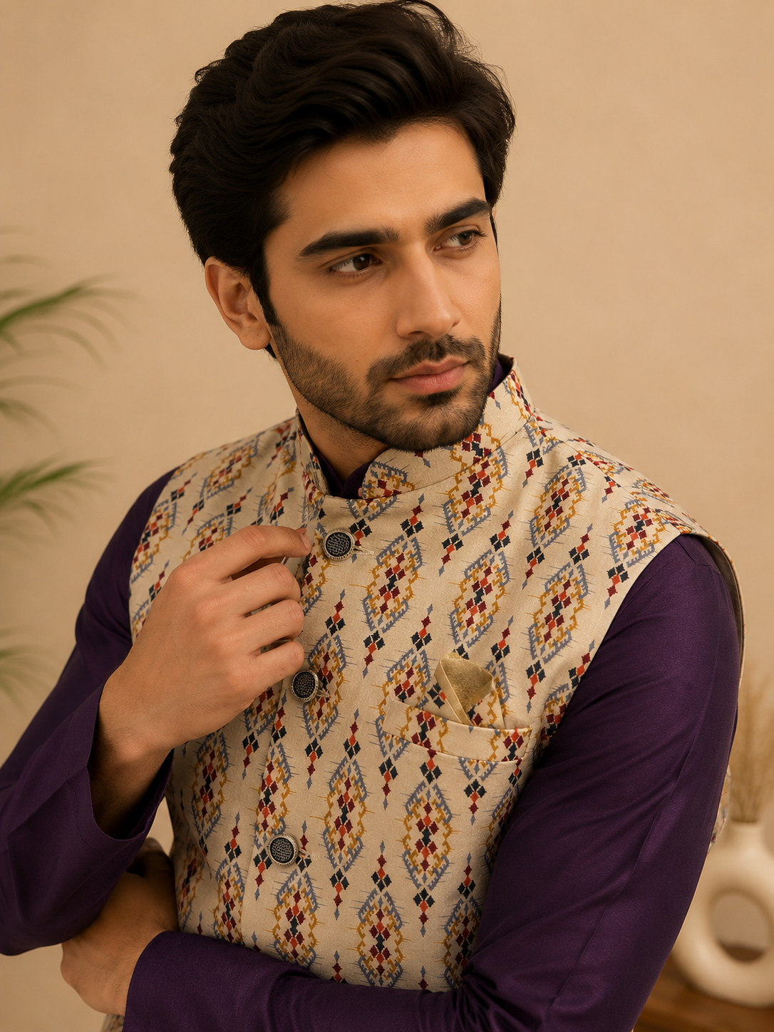 Purple Silk Self-Design Kurta Jacket & Polo Set for Men