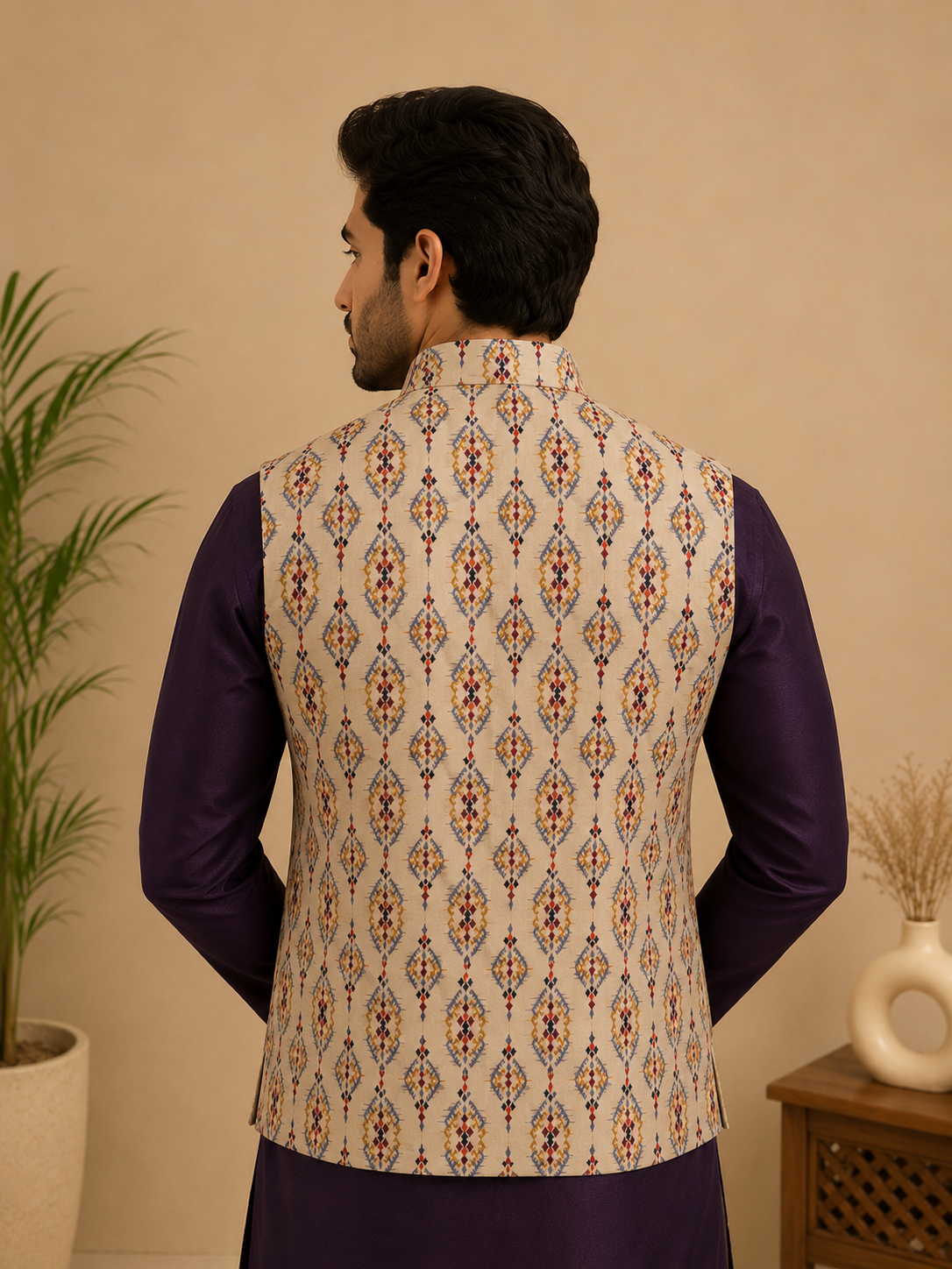 Purple Silk Self-Design Kurta Jacket & Polo Set for Men