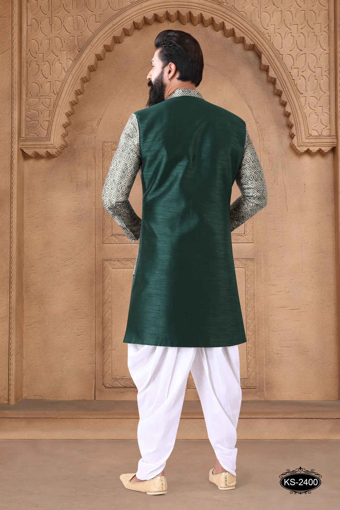 INDO-WESTERN SET WITH ATTACHED DESIGNER JACKET IN GREEN TONE