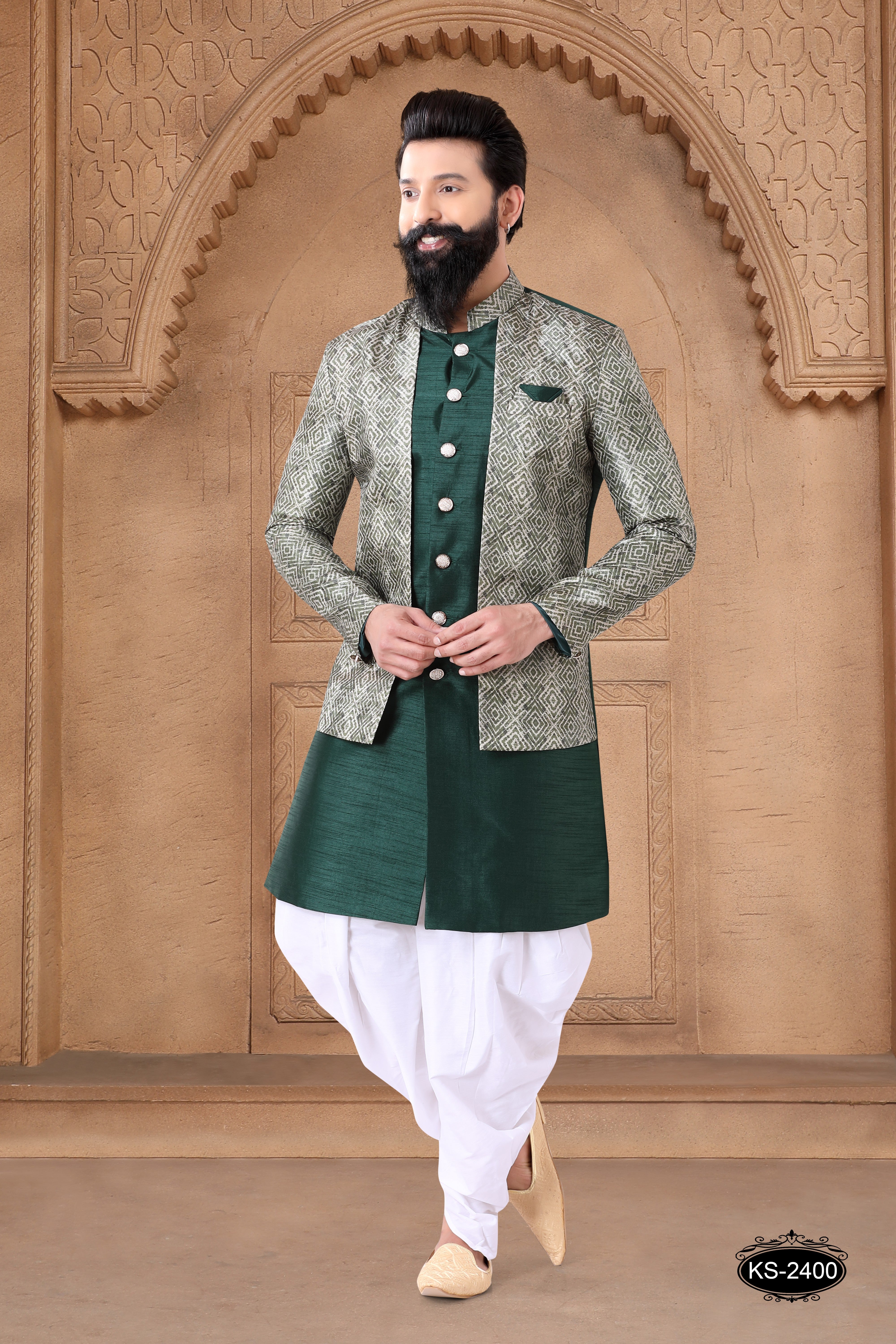 INDO-WESTERN SET WITH ATTACHED DESIGNER JACKET IN GREEN TONE