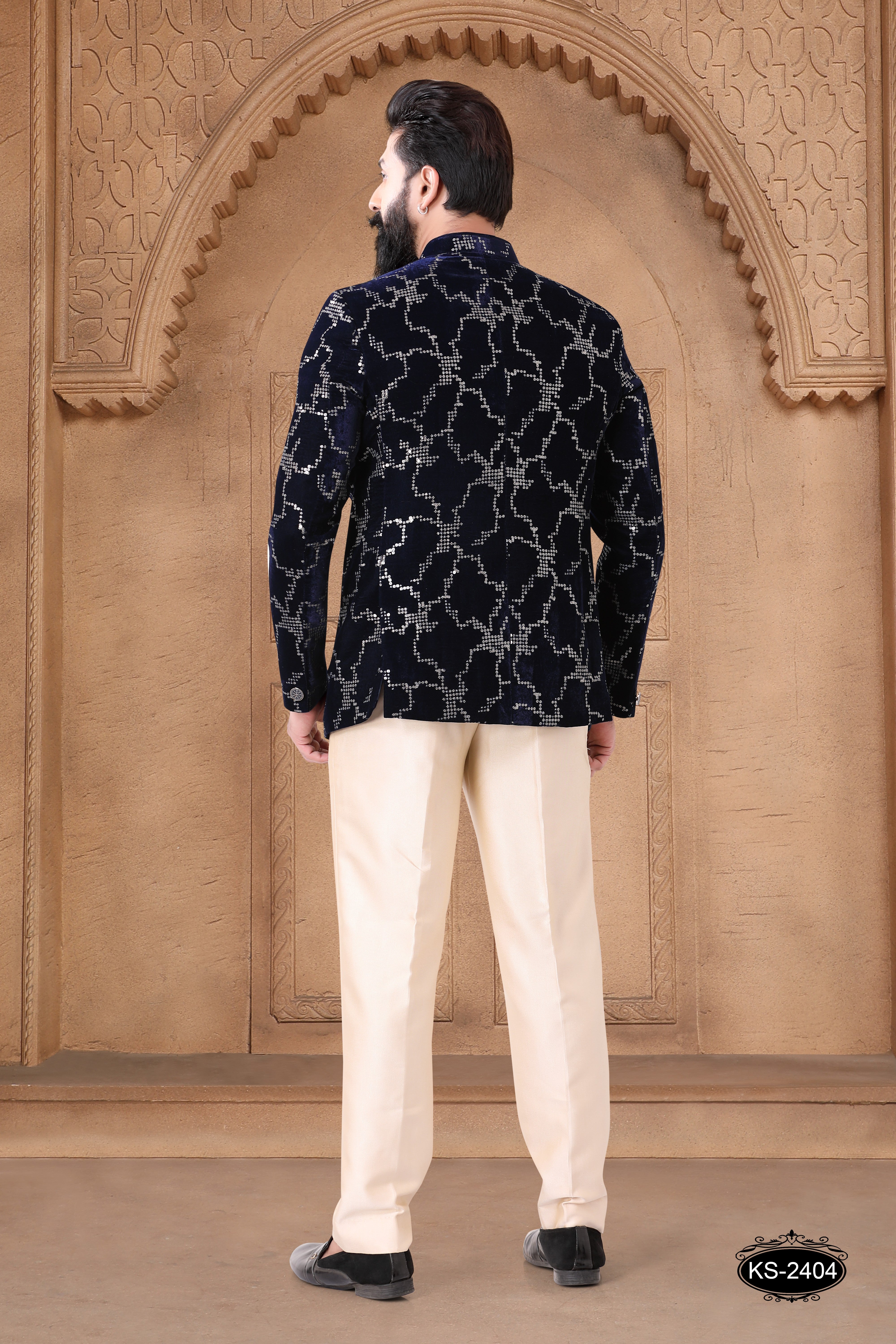 VELVET BANDGALA SET IN BLUE WITH THREAD & SEQUENCE EMBROIDERY