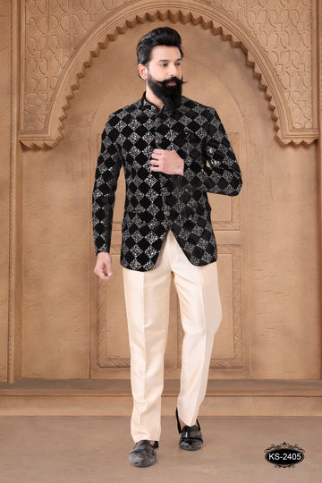 BLACK VELVET BANDHGALA SET WITH THREAD EMBROIDERY ALL-OVER