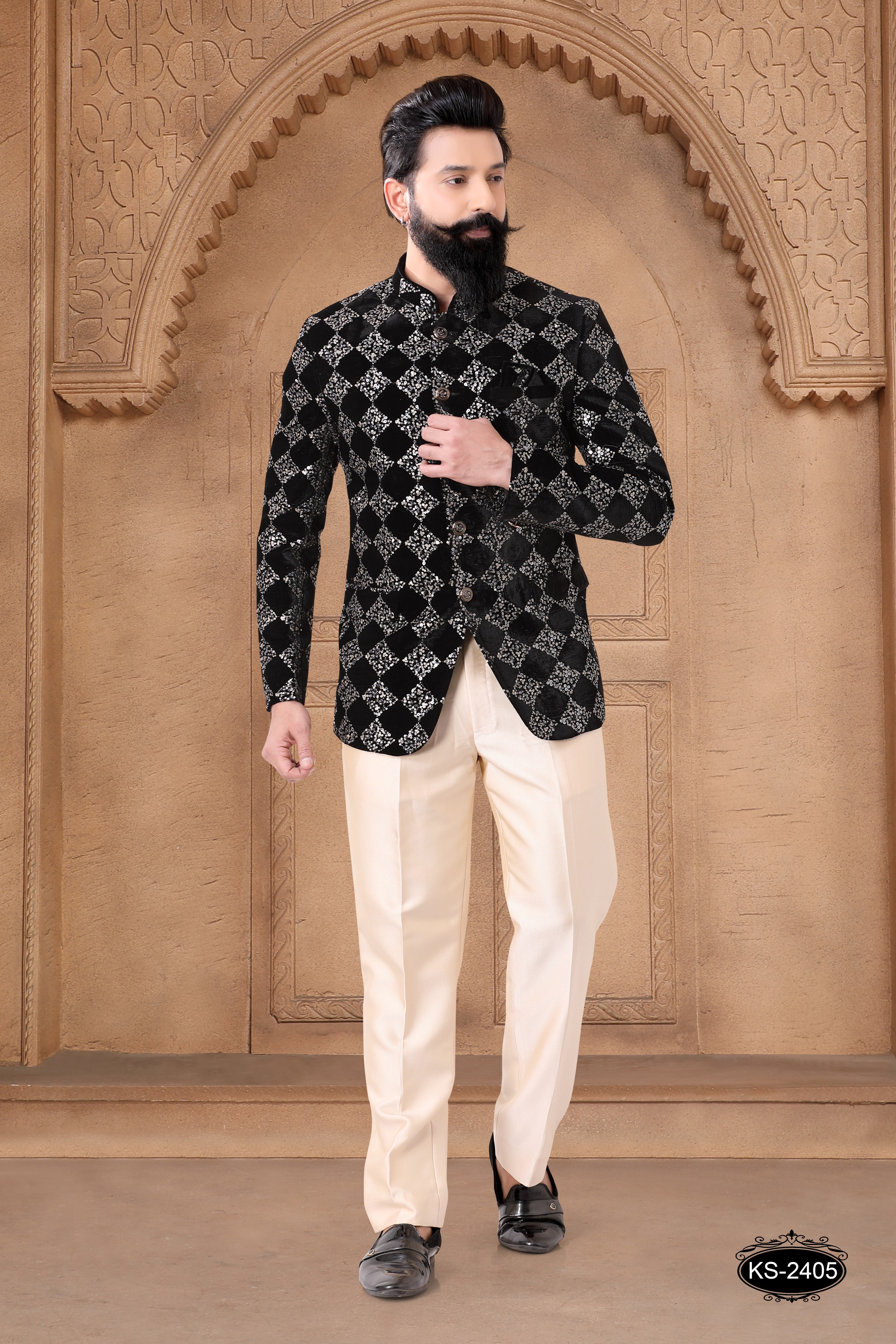 BLACK VELVET BANDHGALA SET WITH THREAD EMBROIDERY ALL-OVER