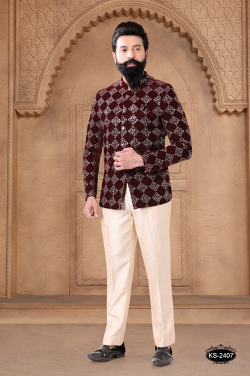 MAROON VELVET BANDHGALA SET WITH THREAD EMBROIDERY