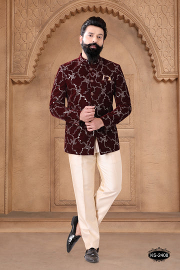 THREAD EMBROIDERY BANDHGALA SET IN MAROON HUE