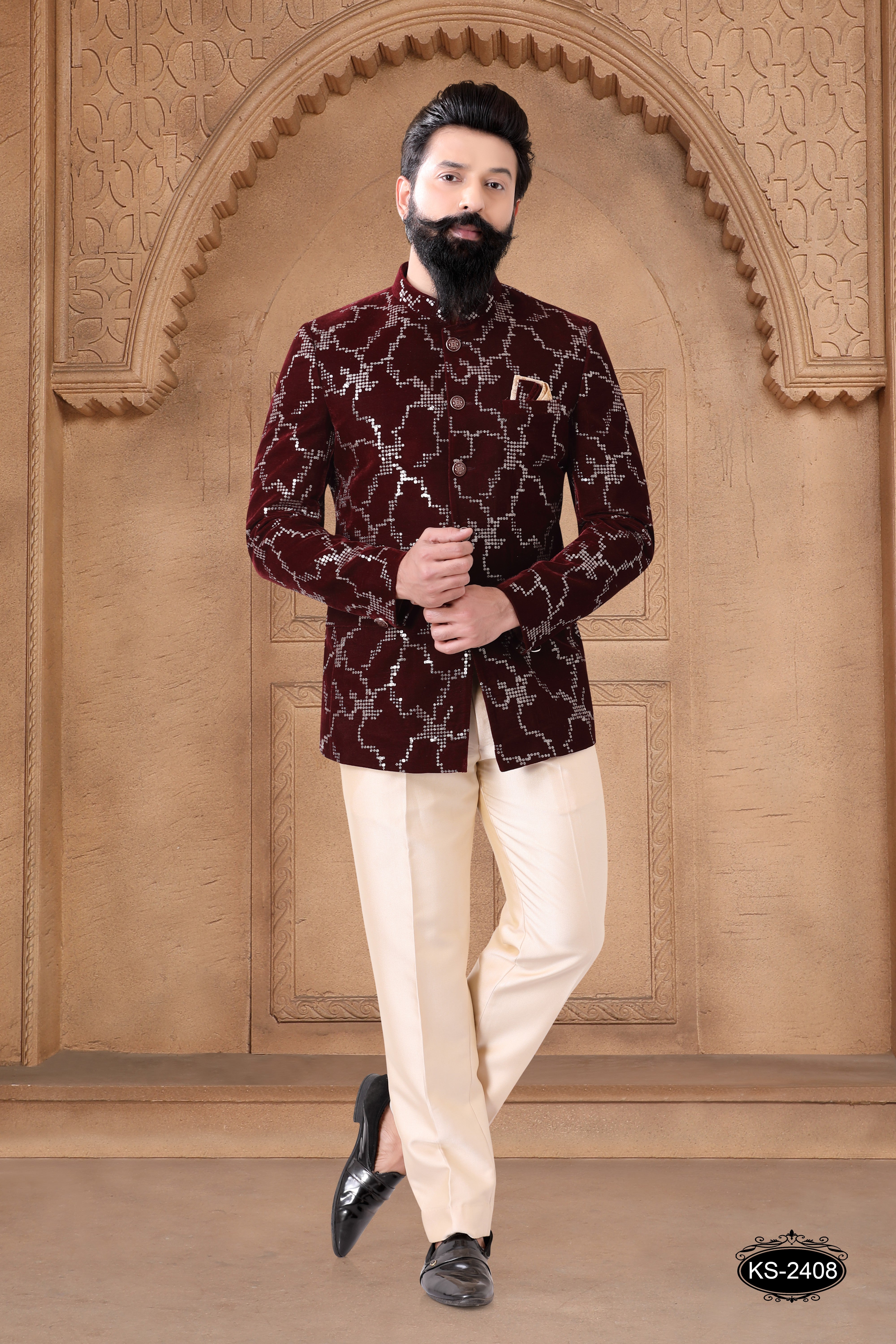 THREAD EMBROIDERY BANDHGALA SET IN MAROON HUE
