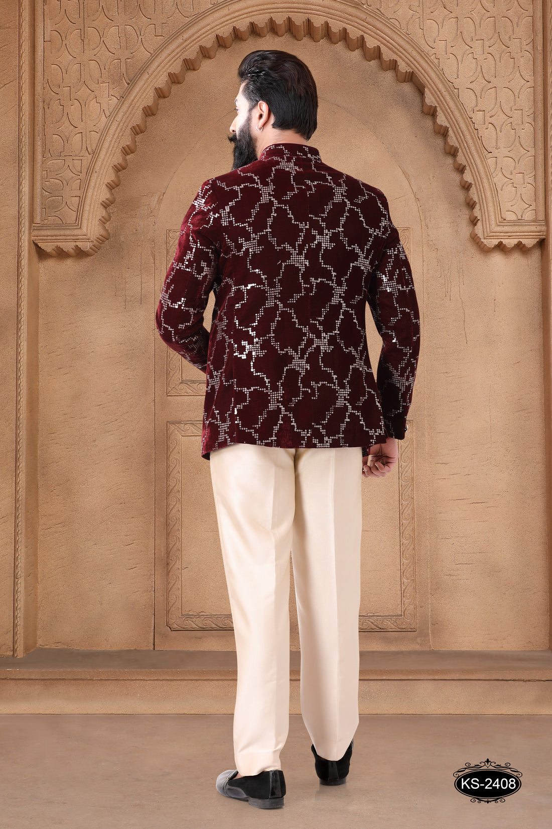THREAD EMBROIDERY BANDHGALA SET IN MAROON HUE