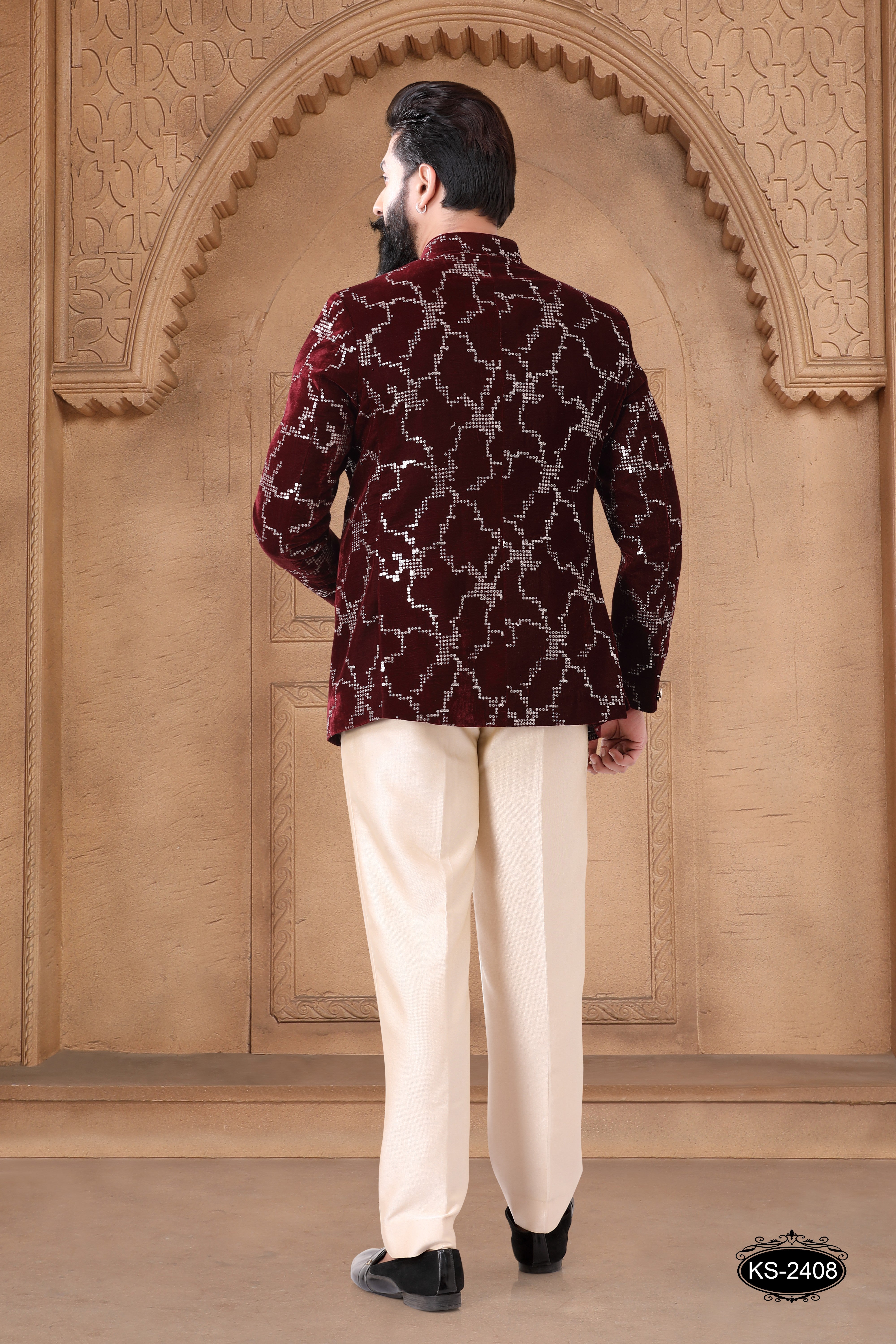 THREAD EMBROIDERY BANDHGALA SET IN MAROON HUE