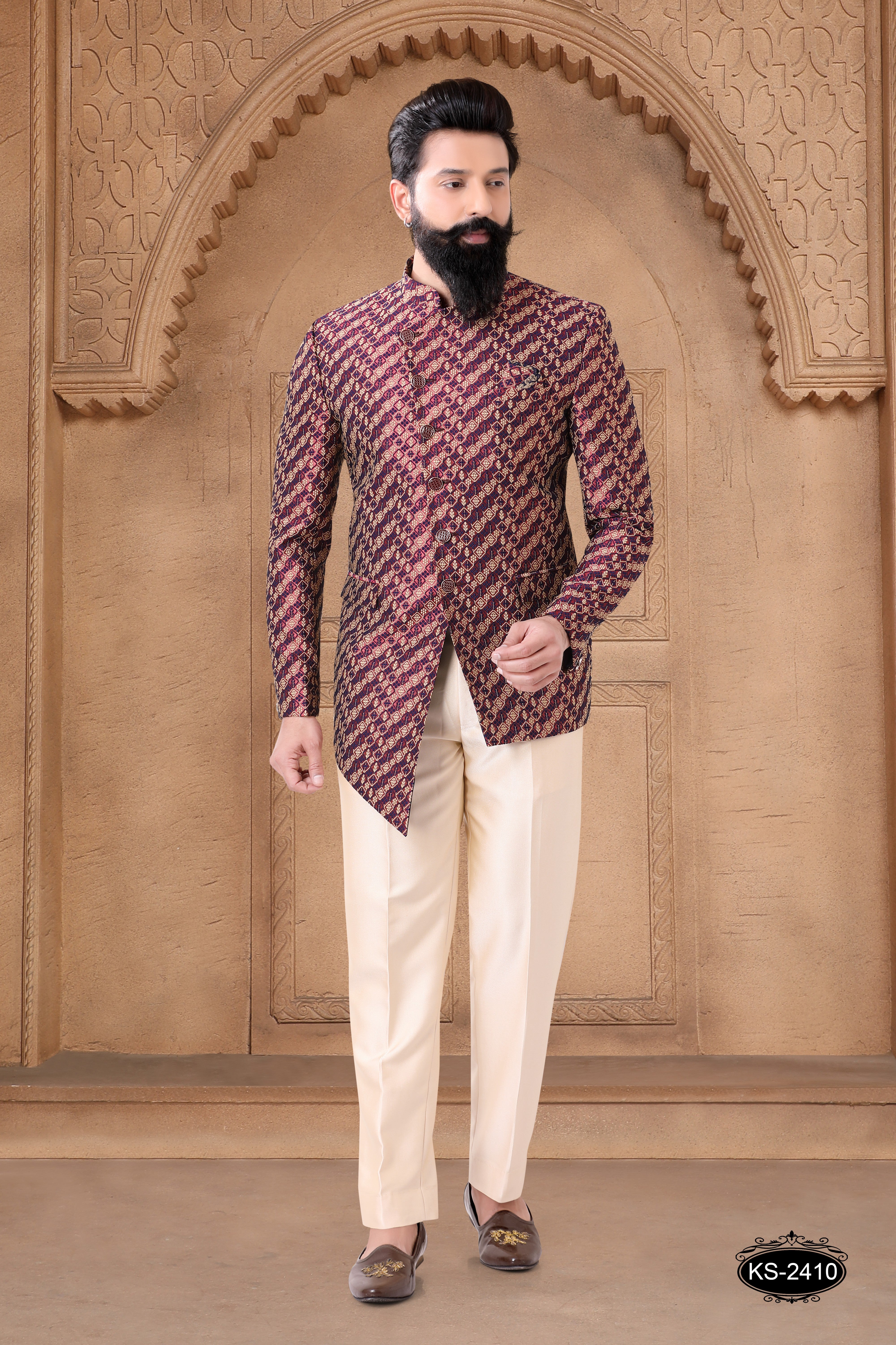 REDISH-ORANGE BANDHGALA SET IN UNIQUE STYLE