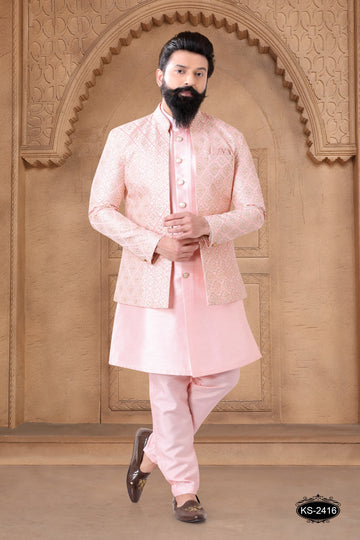 OPEN INDO-WESTERN SET IN PINK HUE WITH HEAVY ZARI WORK