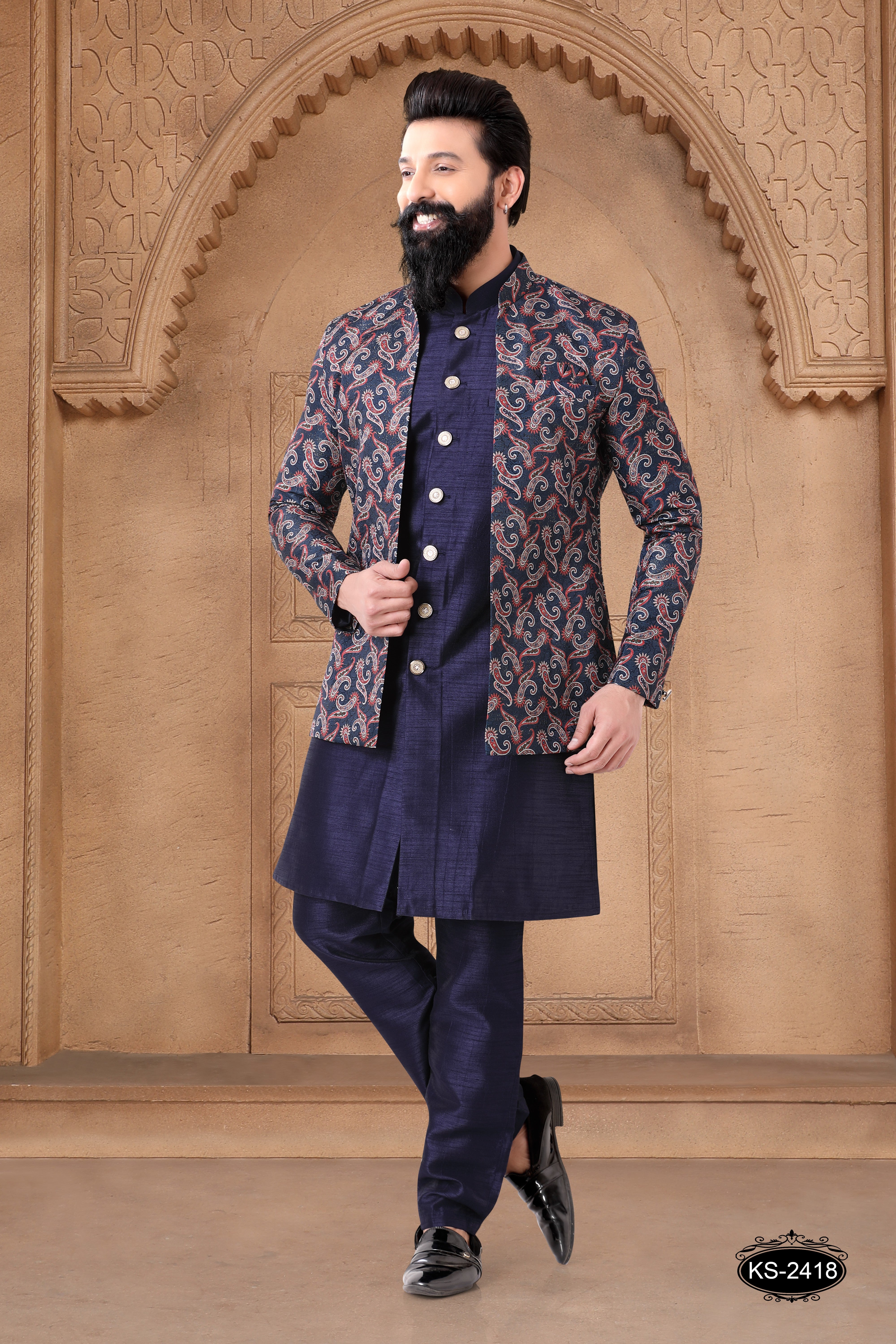 BLUE OPEN INDO-WESTERN SET WITH SELF-DESIGN
