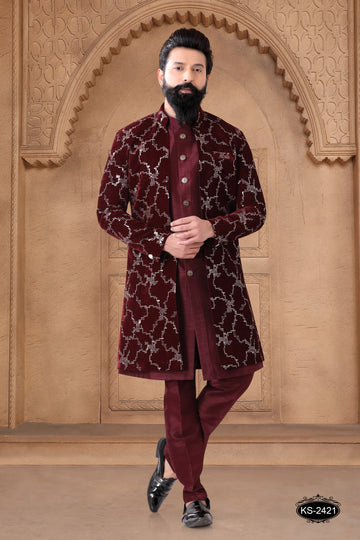 MAROON OPEN INDO-WESTERN SET IN VELVET