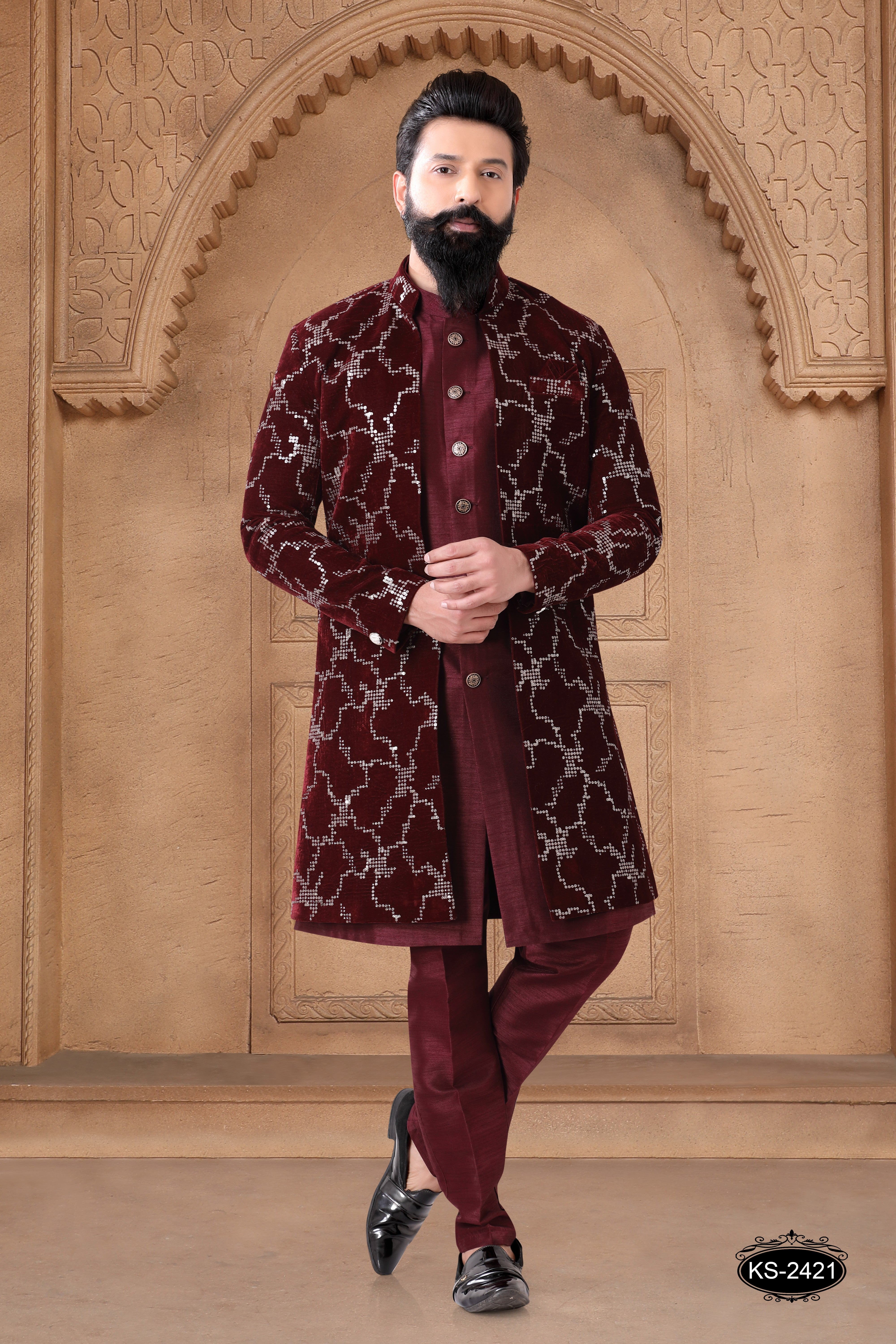 MAROON OPEN INDO-WESTERN SET IN VELVET