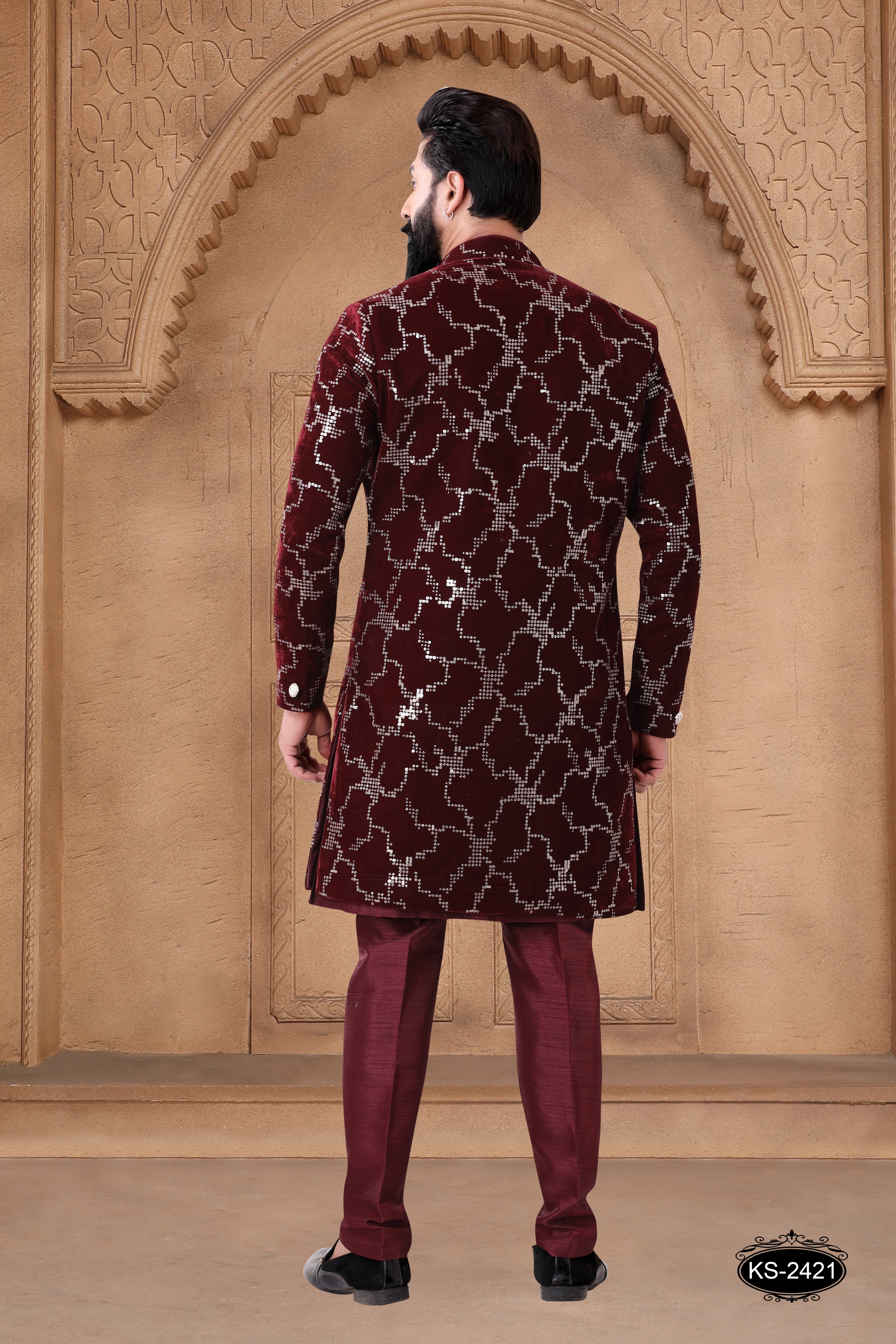 MAROON OPEN INDO-WESTERN SET IN VELVET