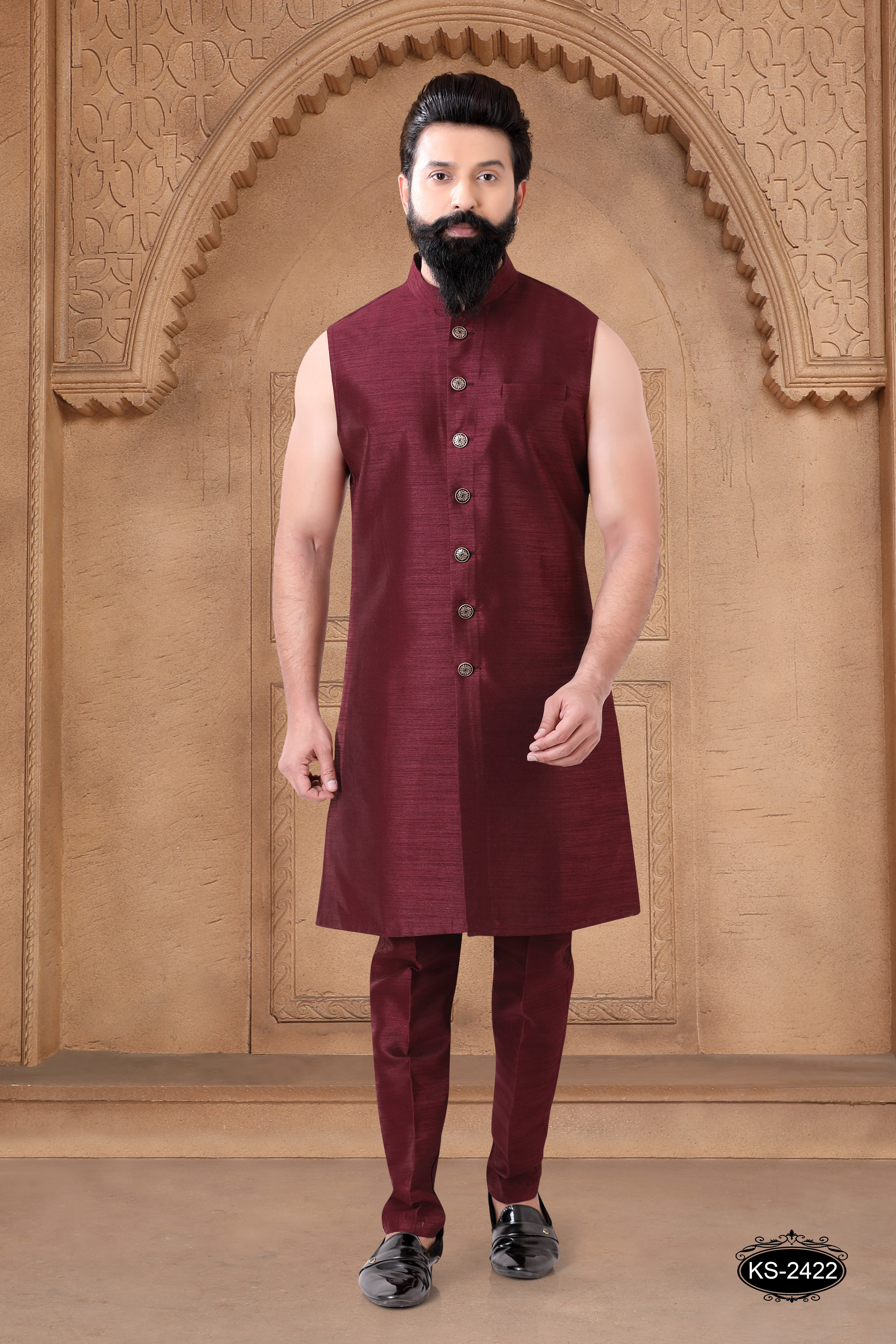 OPEN INDO-WESTERN SET IN MAROON WITH THREAD EMBROIDERY