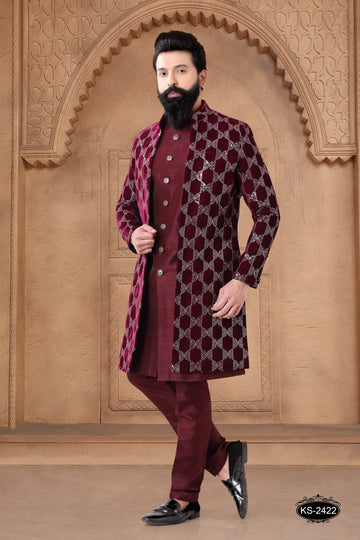 OPEN INDO-WESTERN SET IN MAROON WITH THREAD EMBROIDERY