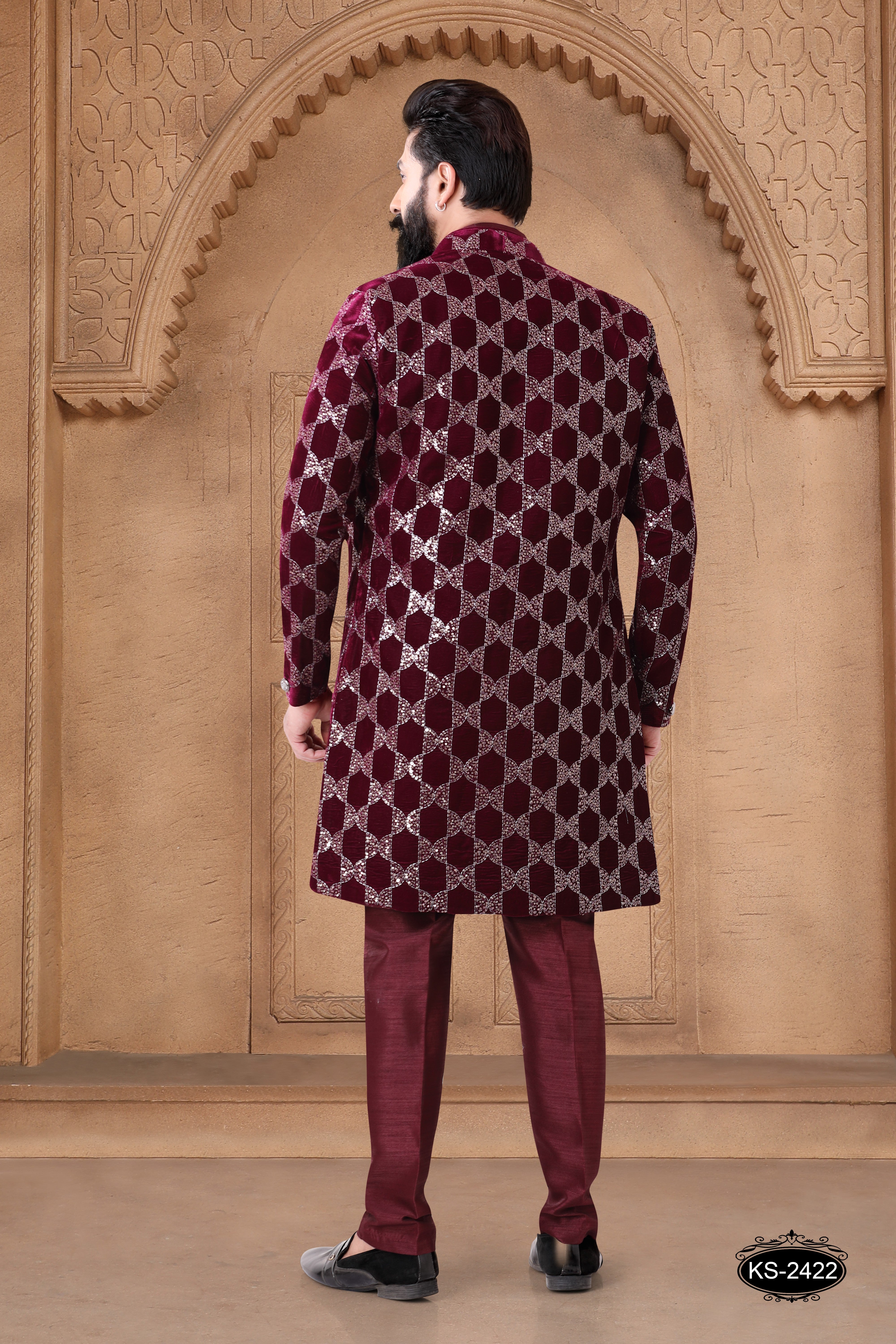 OPEN INDO-WESTERN SET IN MAROON WITH THREAD EMBROIDERY